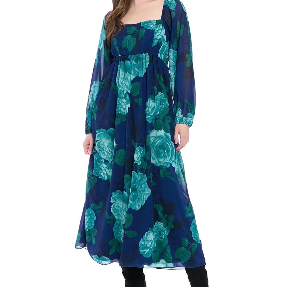 London Times Blue Floral Long Sleeve Dress